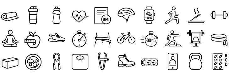 Fitness and Wellness Outline Icon Set – Featuring Exercise, Nutrition, Equipment, and Health Essentials in editable Stroke.