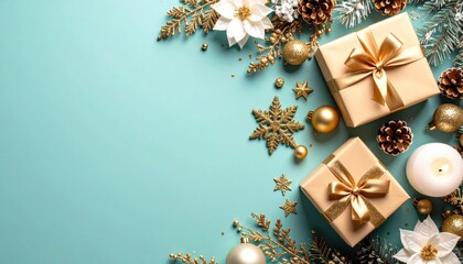 Festive gift arrangement with gold accents holiday celebration decorative display bright atmosphere top-down view christmas spirit