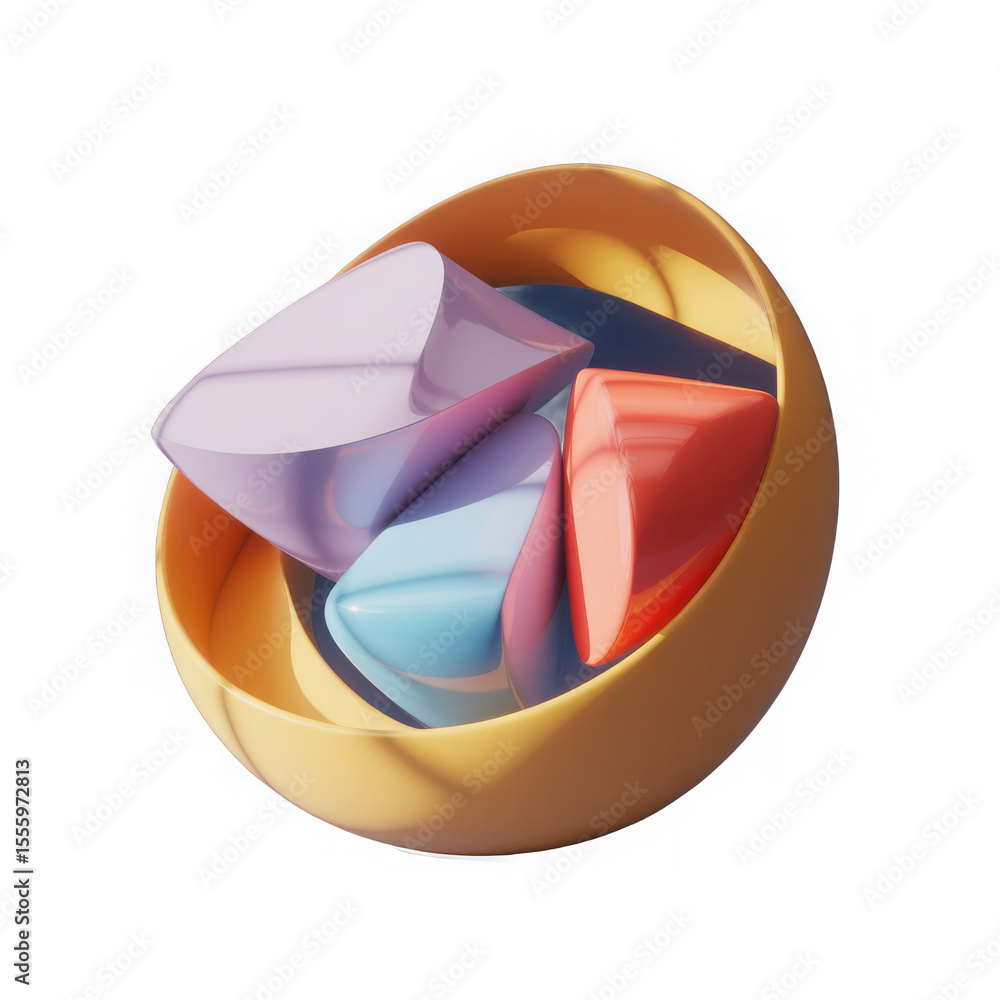 Poster abstract composition of smooth geometric shapes in pastel colors contained within a yellow ring on a