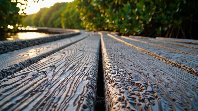Warm sunset light illuminates textured wooden planks on a path, showcasing a perspective shift along a tropical walkway surrounded by lush vegetation