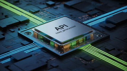 Central processor with glowing data streams computer chip