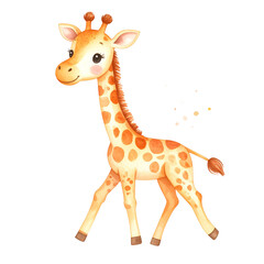 Fototapeta premium Gentle Giraffe: A charming watercolor illustration of a single, sweet giraffe standing, featuring soft colors and an adorable expression. 