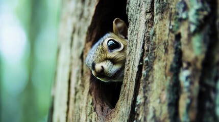 Squirrel peeking from a tree hollow