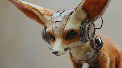 A mechanical fox sculpture with large ears and technological accents