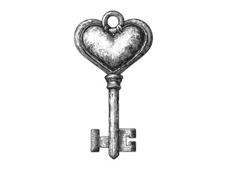 Romantic heart key engraving, vintage Valentine’s Day gift, retro black sketch, hand-drawn love icon, seasonal holiday decor, old engraving style, classic romantic symbol, elegant design