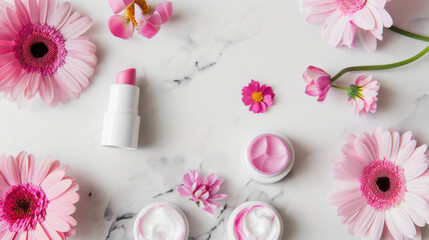 lipstick and flowers on white marble top
