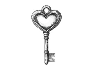 Vintage engraving of romantic heart-shaped key, Valentine’s Day gift symbol, retro black line sketch, hand-drawn love icon, seasonal decor illustration, antique style art, love keepsake
