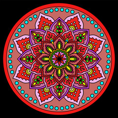 oriental mandala motif, circular pattern,  vector hand drawn doodle,  Ethnic mandala with colorful tribal ornament. Isolated. Bright colors. Red, purple, blue, gold, vintage design, tattoo, decoration