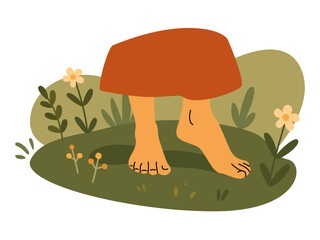 Barefoot on the grass. People in nature. Girl Walks. Cottagecore lifestyle. Digital Detox. Harmony with nature vibe. Feets. Slow living, relaxing. Flat vector illustration