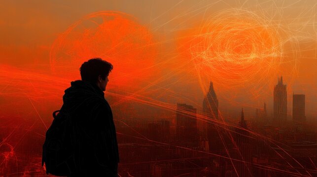 Silhouetted figure gazing at a vibrant, orange cityscape