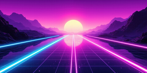 Retro Futurism Grid 80s-inspired infinite grid landscape in neon purple and teal with sunset gradient sky, synthwave aesthetic, horizon perspective