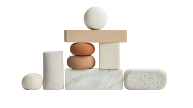 Stacked geometric shapes in neutral tones featuring on white background

