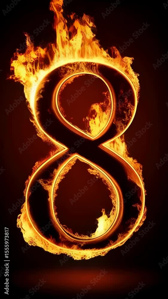 Poster burning number eight in fiery orange flames floating against a dark background creating a dramatic a