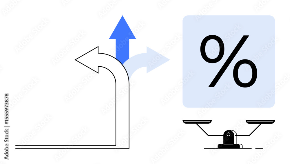 Poster curved pathway with diverging arrows, percentage sign within a box, and a balance scale. ideal for c