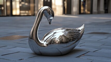 Shiny metallic swan sculpture outside. Reflections on polished surface
