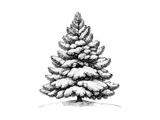 Vintage black ink sketch, engraving of snow-covered pine tree, winter forest illustration, antique seasonal decor, hand-drawn artwork, retro print, rustic holiday design, nature art