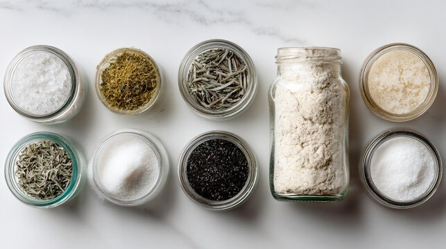 Flat lay of pantry essentials: salt, sugar, flour, dry herbs in small glass jars with minimal labels - Powered by Adobe