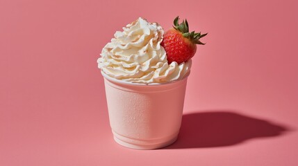 White Ice Cream Cup with Whipped Cream and Strawberry on Pink Background.