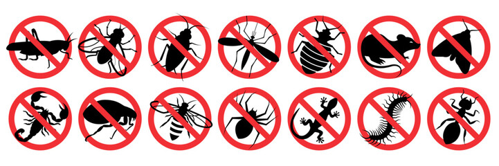 Pest control. Insects icon set. Insect repellent label product. Isolated forbidding and warning signs of harmful insects and rodents. Vector illustration