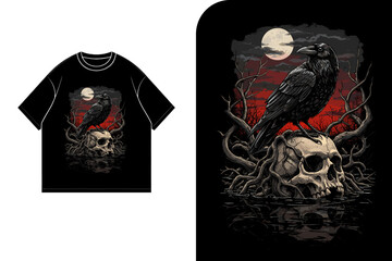 A t-shirt design gothic art design featuring a raven perched on a skull under a full moon.