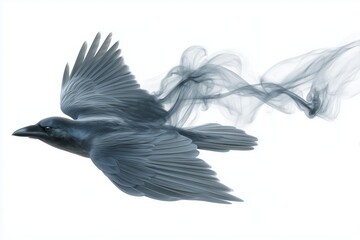 Obraz premium 3D crow flying gracefully with ethereal ghost plume against a white background, showcasing detailed feathers and fluid motion in a mystical representation of flight