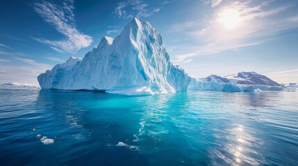 White Iceberg Floating in Calm Blue Water Under Bright Sunlight.