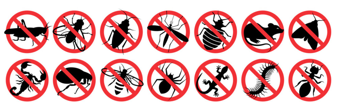 Pest control. Insects icon set. Insect repellent label product. Isolated forbidding and warning signs of harmful insects and rodents. Vector illustration