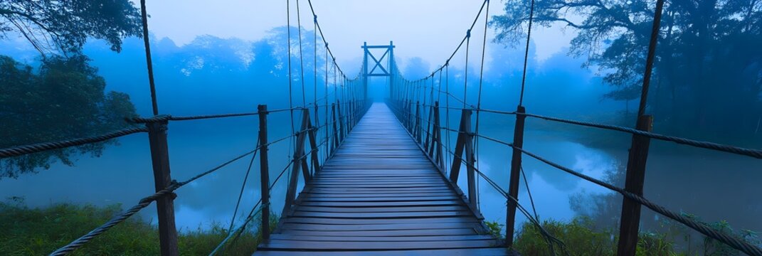 Fototapeta A wooden suspension bridge stretching over a misty river in a tranquil and serene landscape view