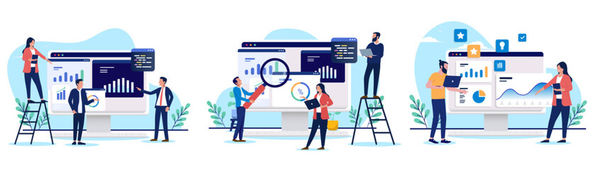 Collection of illustrations showing people engaging with business charts and data, representing analysis, collaboration, and digital marketing insights. Flat design vector illustration