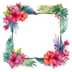 Watercolor tropical floral frame with hibiscus and jungle leaves. Colorful square botanical border for wedding, invitation,  card, summer greeting decorative design and exotic art projects..