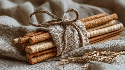 Flat lay of stacked crackers and dry breadsticks tied in twine, on raw linen cloth