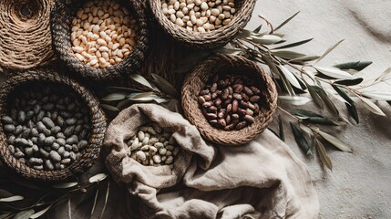 Flat lay with dry beans in circular bowls, olive branches in corner, neutral linen underneath