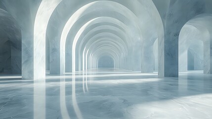 A long hallway with white arches and pillars creating a symmetrical perspective view to the end point