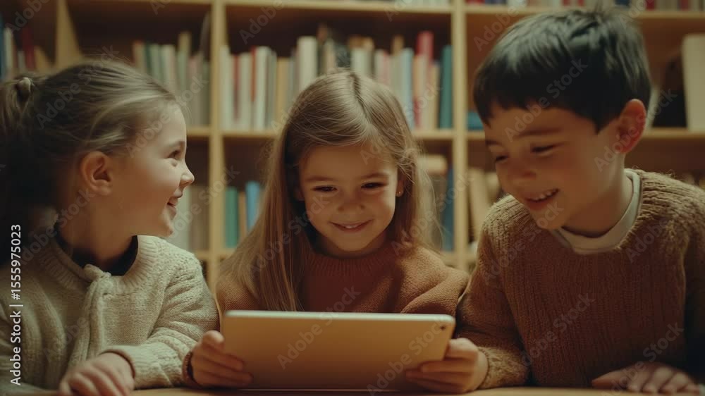 Aufkleber Three joyful pupils collaborating on a tablet in a library after school, engaging in a delightful and educational activity while surrounded by books and knowledge