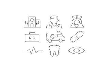 Vector illustration set of medical icons including a hand holding a stethoscope and a hand holding a toothbrush, ideal for web design