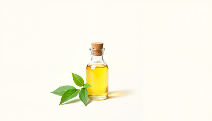 Glass bottle with essential oil and green leaves on white background  
