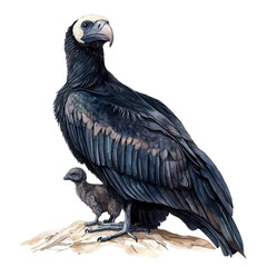 A Mother Condor With Her Kid, watercolor drawing vector, isolated on a white background.