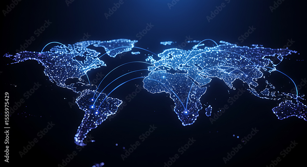 Poster global network map, showing interconnected countries with glowing lines.