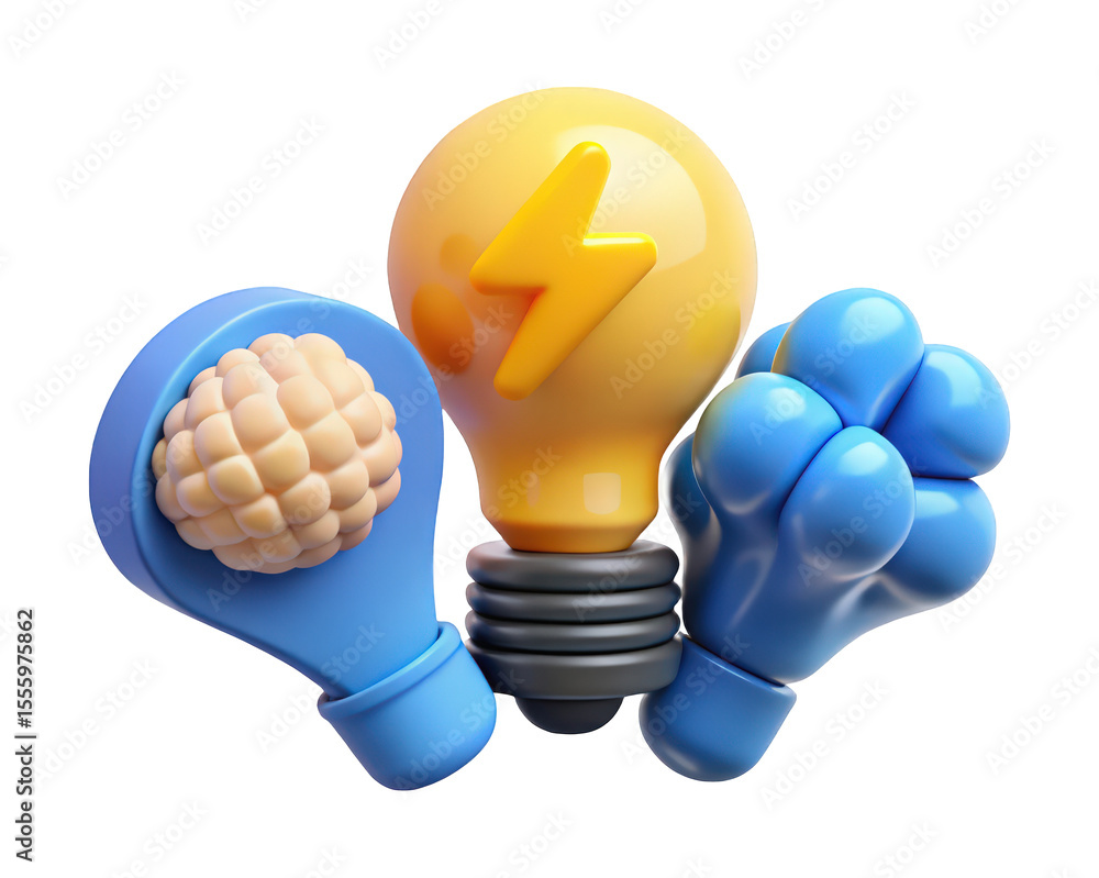 Poster creative 3d render of a lightbulb brain and fist symbolizing innovation power and strength ideas sol