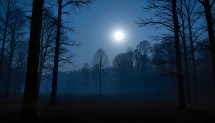 Fototapeta premium Foggy forest under full moonlight at night in blue tones 