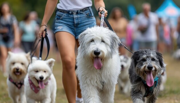 A professional dog walker leading multiple dogs on leashes through an open field, captured from the perspective of one walking with their pet and looking at the camera while smiling