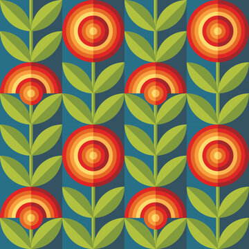Background fruits and green leaves nature. Abstract flowers geometric seamless pattern. Decorative ornament in flat design style. Ripe harvest banner. Floral backdrop. Organic vegetables product.