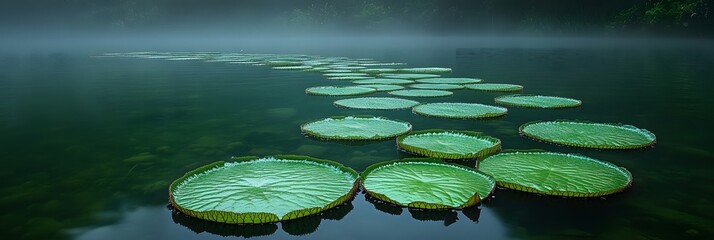 A tranquil pond with a path of large lily pads stretching into the misty distance on a foggy day