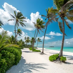 Tropical beach scene with white sand, palm trees, and clear blue water under a bright sky. Ideal for vacation and travel themes.
