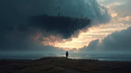 A figure stands before a surreal landscape.