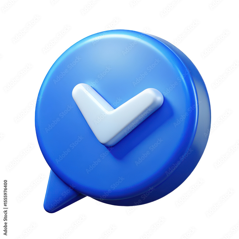 Poster blue glossy speech bubble 3d render checkmark icon approved confirmation symbol verified digital com