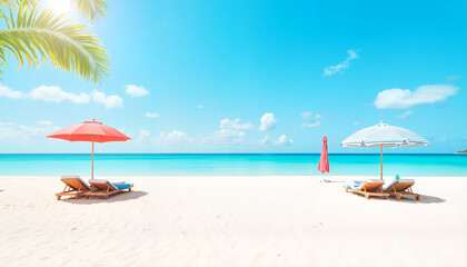 Fototapeta premium Tropical beach with umbrellas and sun loungers under blue sky 