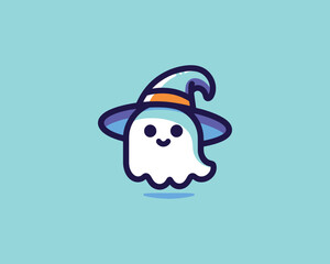 Cute cartoon ghost wearing a witch hat