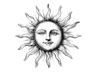 Summer sun engraving, vintage retro print with antique sketch style, seasonal hand-drawn illustration, trendy wall element, classic old engraving design, detailed summer rays art