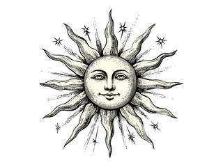 Antique engraving of sun with summer rays, vintage hand-drawn sketch art, old style seasonal illustration, retro summer design, trendy black sketch, classic wall decoration print